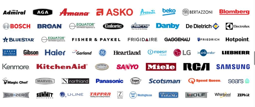 Major appliance brands serviced including Bosch, GE, LG, Samsung, Whirlpool, KitchenAid, Miele, Sub-Zero, Viking, Wolf and many more